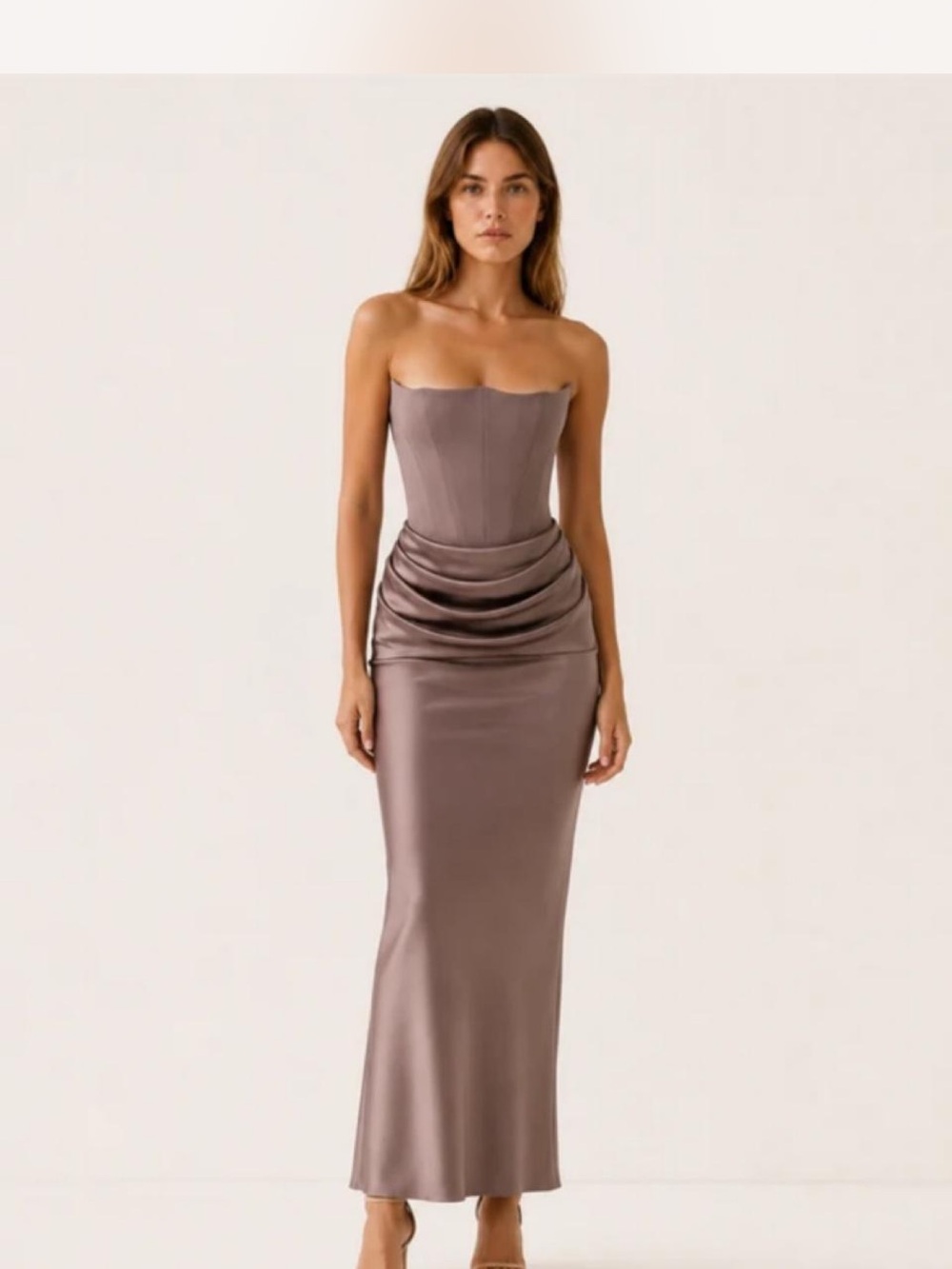 JV Boutique Strapless Satin Drape Midi Dress in Dusty Mauve